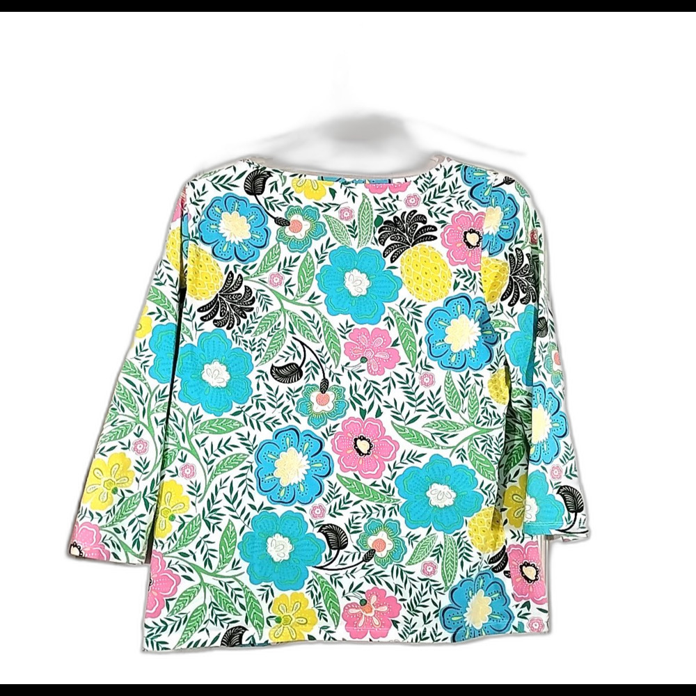 The Talbots Tee Womens XL Top Blue Pink Bright Floral Long Sleeve Cotton Knit - Picture 2 of 4